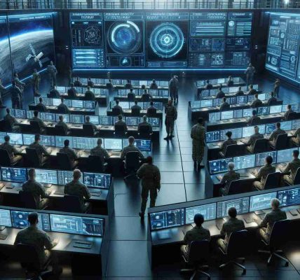 Generate a high-resolution realistic image showcasing a military space operations center, with crew members actively engaged in their roles related to cybersecurity. The image should have a futuristic theme with multiple computer screens showing softwares for intrusion detection, network security statuses, and satellite position tracking. The center should be populated by both male and female personnel from different descents such as Caucasian, Black, Hispanic, South Asian, and Middle-Eastern. Uniforms of the crew members should be precisely detailed, demonstrating the militaristic setting.