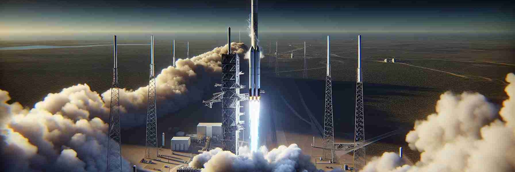 A realistic high definition image of a massive rocket launch, similar to a Falcon 9 model delivering 20 small, compact satellite models, akin to Starlink satellites. The image should capture the rocket ascending into the sky, a trail of smoke following it. The surrounding landscape should be dominated by the launch site, with a launch tower and various support structures. The deep-blue sky beyond the launch site should have a subtle transition into the blackness of space, indicating the transitional stage between the Earth's atmosphere and outer space.