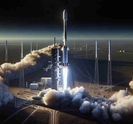 A realistic high definition image of a massive rocket launch, similar to a Falcon 9 model delivering 20 small, compact satellite models, akin to Starlink satellites. The image should capture the rocket ascending into the sky, a trail of smoke following it. The surrounding landscape should be dominated by the launch site, with a launch tower and various support structures. The deep-blue sky beyond the launch site should have a subtle transition into the blackness of space, indicating the transitional stage between the Earth's atmosphere and outer space.