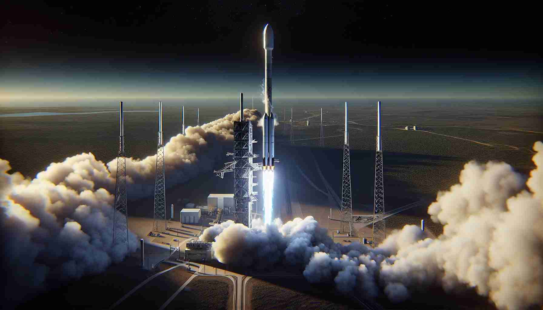 A realistic high definition image of a massive rocket launch, similar to a Falcon 9 model delivering 20 small, compact satellite models, akin to Starlink satellites. The image should capture the rocket ascending into the sky, a trail of smoke following it. The surrounding landscape should be dominated by the launch site, with a launch tower and various support structures. The deep-blue sky beyond the launch site should have a subtle transition into the blackness of space, indicating the transitional stage between the Earth's atmosphere and outer space.