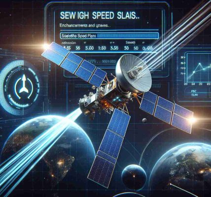 Realistically detailed high definition image of a hypothetical satellite internet scheme demonstrating high speed plans. It features a satellite floating in space with futuristic technological elements like beams of data being transmitted. Accompanying the visuals, a digital screen showing different speed plan options, with emphasis on new enhancements and upgrades.