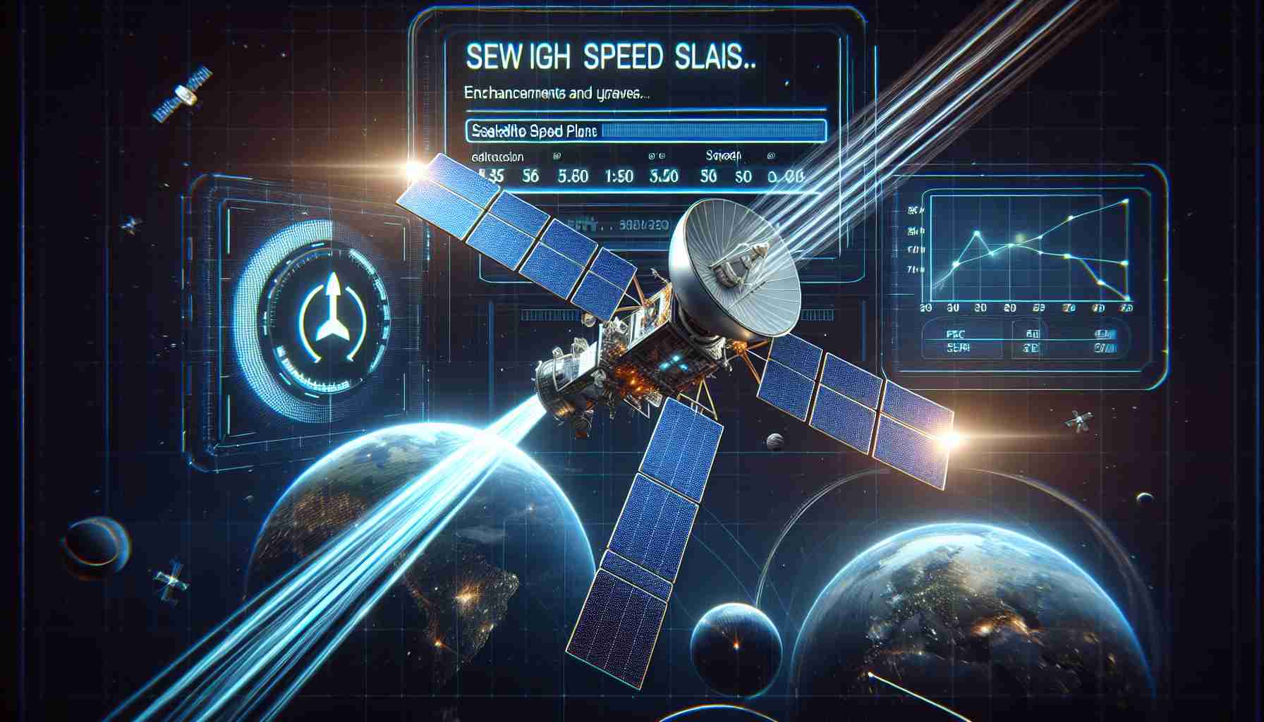 Realistically detailed high definition image of a hypothetical satellite internet scheme demonstrating high speed plans. It features a satellite floating in space with futuristic technological elements like beams of data being transmitted. Accompanying the visuals, a digital screen showing different speed plan options, with emphasis on new enhancements and upgrades.