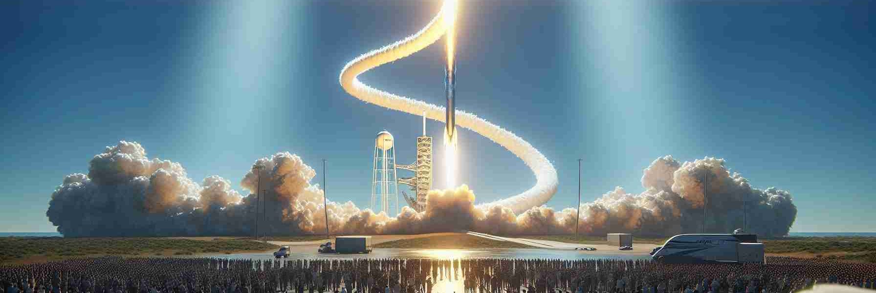 A high-definition realistic picture showcasing a significant moment for a hypothetical private space company. The scene represents the successful launch of a Falcon 9 analogous rocket, reaching the sky with a brilliant flare from the rocket's tail, contrasting with the blue sky. The launcher's exhaust fumes compose a wavy shape, and the ground-based spectators comprise men and women of various descents all engrossed in the spectacle.