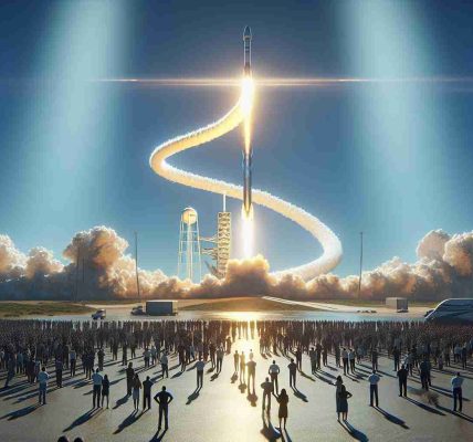 A high-definition realistic picture showcasing a significant moment for a hypothetical private space company. The scene represents the successful launch of a Falcon 9 analogous rocket, reaching the sky with a brilliant flare from the rocket's tail, contrasting with the blue sky. The launcher's exhaust fumes compose a wavy shape, and the ground-based spectators comprise men and women of various descents all engrossed in the spectacle.