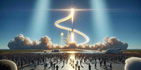 A high-definition realistic picture showcasing a significant moment for a hypothetical private space company. The scene represents the successful launch of a Falcon 9 analogous rocket, reaching the sky with a brilliant flare from the rocket's tail, contrasting with the blue sky. The launcher's exhaust fumes compose a wavy shape, and the ground-based spectators comprise men and women of various descents all engrossed in the spectacle.