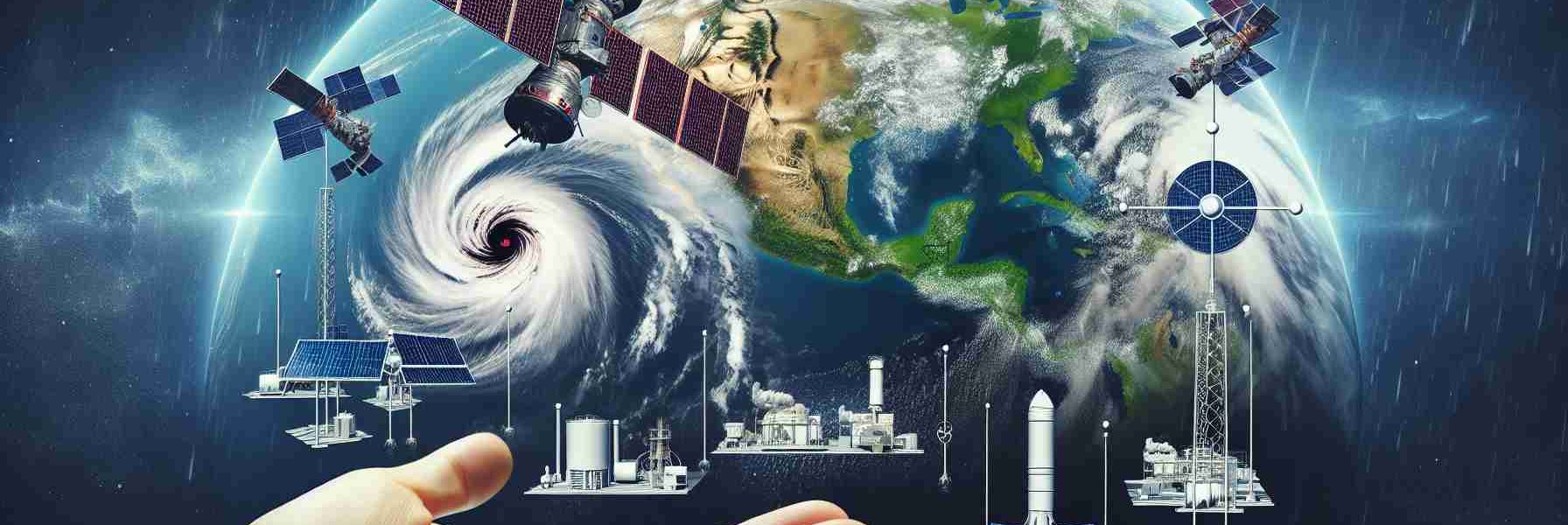 Generate an image showing the scenario of a satellite cluster similar to 'Starlink' in space, demonstrating its involvement in hurricane relief efforts. The image could include elements such as stormy weather visible on planet Earth from space, signal emblems suggesting communication assistance, along with necessary infrastructures on the ground indicating disaster management.