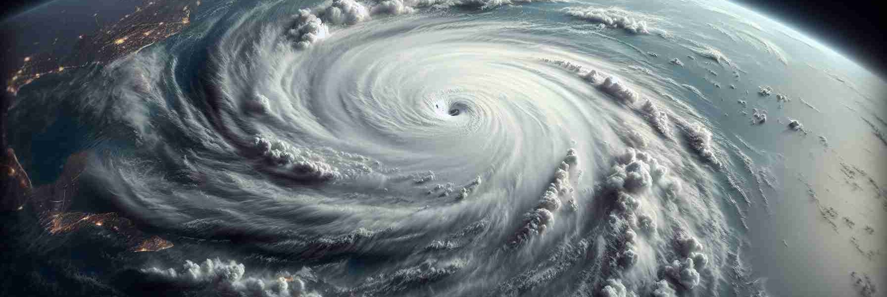 Generate a hyper-realistic, high definition image providing a comprehensive overview of a large hurricane named Milton. The visualization should clearly display the swirling cloud formation, immense scale and power of the storm over the ocean, and the eye of the storm at its center. Additional details that could be included are surrounding weather systems, lightning within the storm, and the hurricane's potential path denoted with a dotted line.