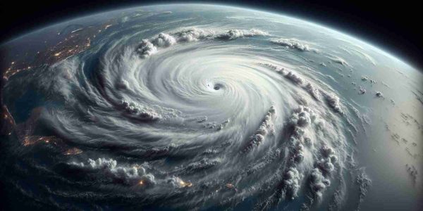 Generate a hyper-realistic, high definition image providing a comprehensive overview of a large hurricane named Milton. The visualization should clearly display the swirling cloud formation, immense scale and power of the storm over the ocean, and the eye of the storm at its center. Additional details that could be included are surrounding weather systems, lightning within the storm, and the hurricane's potential path denoted with a dotted line.