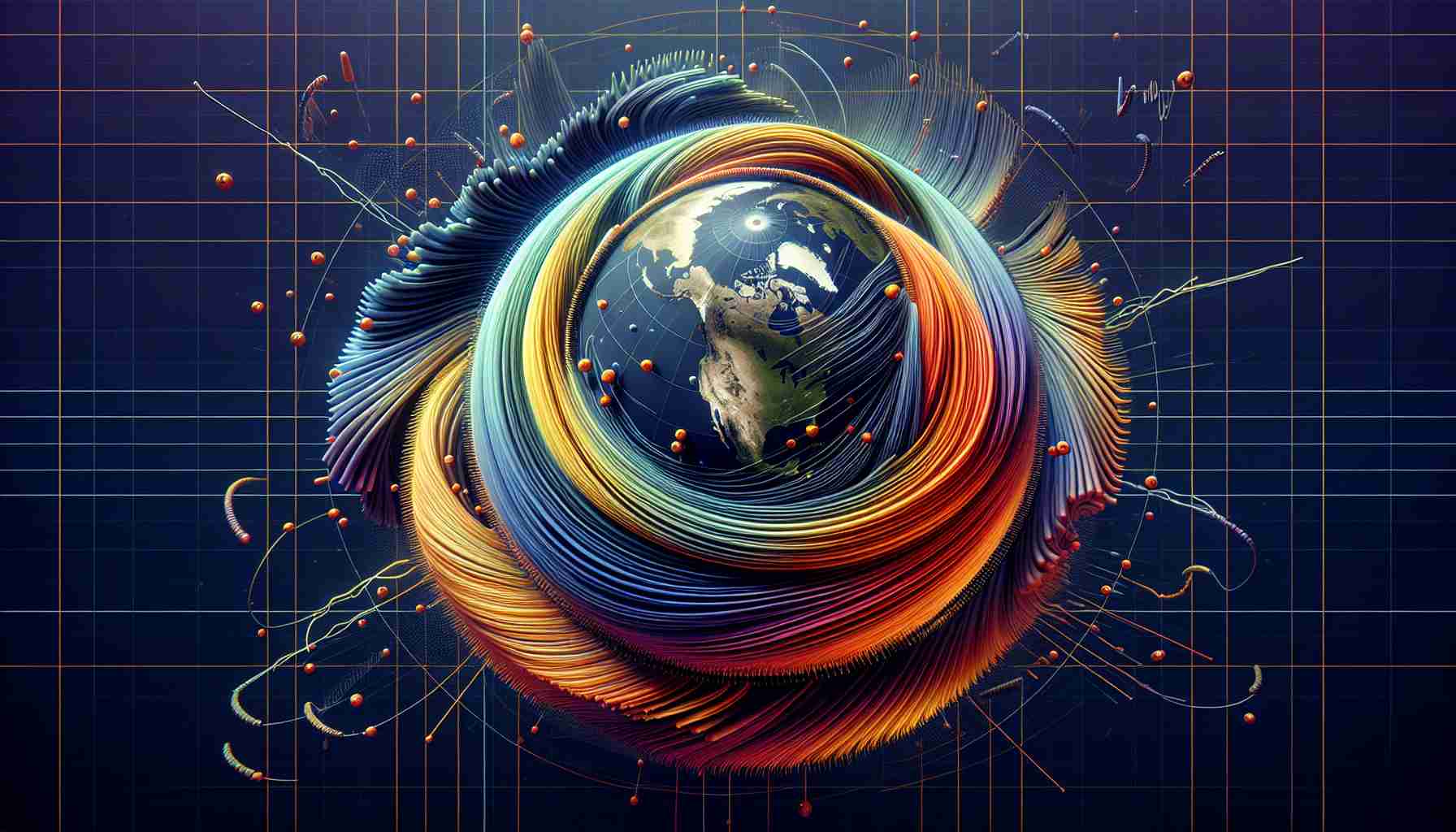 Visual representation in high definition of Earth's magnetic field reversal events. Show the poles switching, with the north becoming south and vice versa. Include a detailed view of the planet with lines illustrating the magnetic field's trajectory and fluctuations over time. Use colors to represent different intensities of the magnetic field. Try to make it an accurate and scientific depiction, yet aesthetically pleasing.