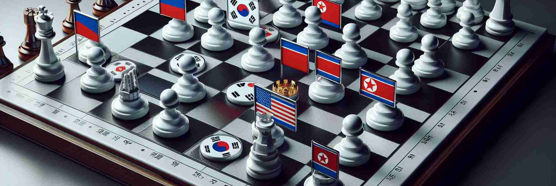 Realistic high-definition image representing the concept of escalating political tensions: An intricate geopolitical chessboard, with tokens symbolising the countries South Korea, North Korea, and Russia. South Korean tokens are represented with signs of alarm. Use chess pieces with national flags to subtly set the scene. Please ensure your representation is respectful, insightful, and not overtly militaristic.