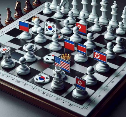 Realistic high-definition image representing the concept of escalating political tensions: An intricate geopolitical chessboard, with tokens symbolising the countries South Korea, North Korea, and Russia. South Korean tokens are represented with signs of alarm. Use chess pieces with national flags to subtly set the scene. Please ensure your representation is respectful, insightful, and not overtly militaristic.