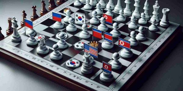 Realistic high-definition image representing the concept of escalating political tensions: An intricate geopolitical chessboard, with tokens symbolising the countries South Korea, North Korea, and Russia. South Korean tokens are represented with signs of alarm. Use chess pieces with national flags to subtly set the scene. Please ensure your representation is respectful, insightful, and not overtly militaristic.