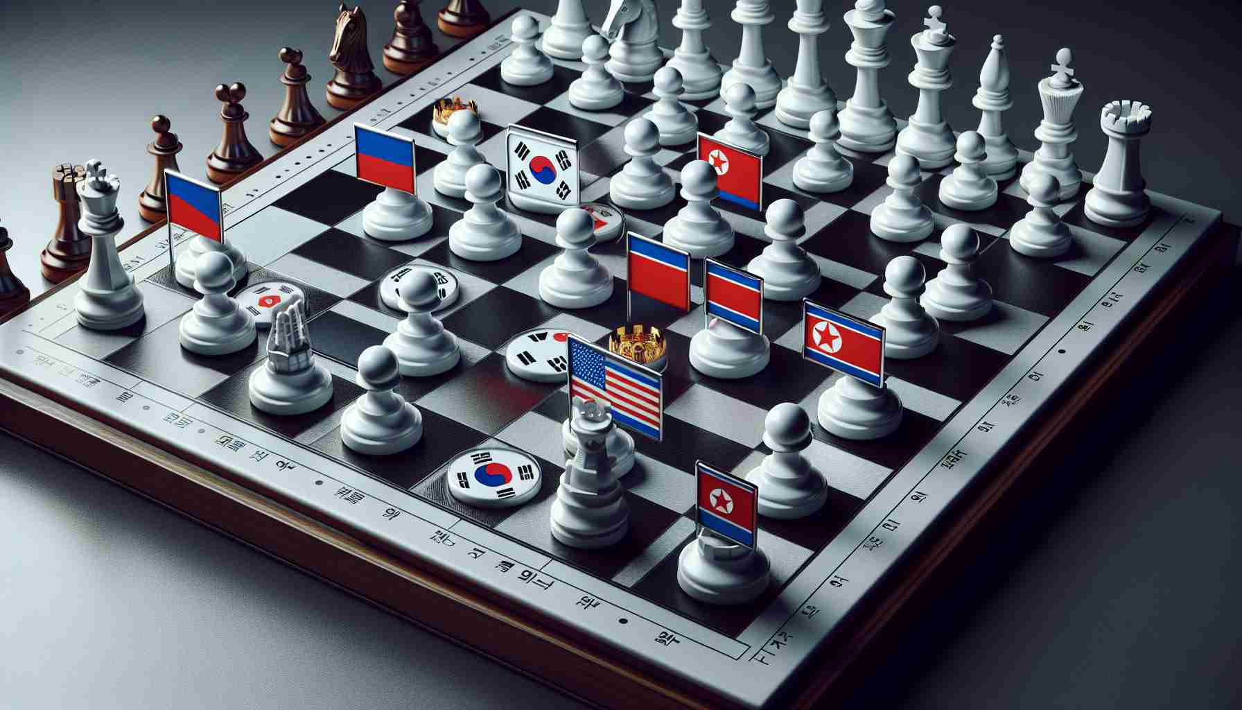 Realistic high-definition image representing the concept of escalating political tensions: An intricate geopolitical chessboard, with tokens symbolising the countries South Korea, North Korea, and Russia. South Korean tokens are represented with signs of alarm. Use chess pieces with national flags to subtly set the scene. Please ensure your representation is respectful, insightful, and not overtly militaristic.