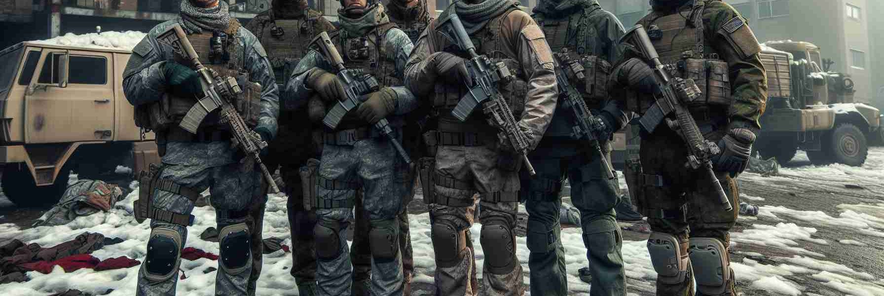 Realistic HD photo of a group of unidentified military troops gathered in a foreign location, in winter gear and looking prepared amidst a tense backdrop.