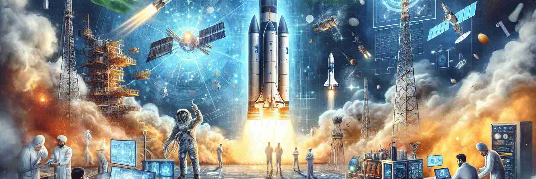 Create a highly detailed, realistic image that depicts India's ambitious endeavours in space exploration, including new satellite launches and upcoming technological innovations. Show rockets blasting off towards the stars, engineers working on advanced spacecrafts, and design schematics for innovative space technologies. The scene should encapsulate India's forward-thinking, pioneering spirit in the realm of space exploration.