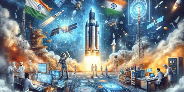 Create a highly detailed, realistic image that depicts India's ambitious endeavours in space exploration, including new satellite launches and upcoming technological innovations. Show rockets blasting off towards the stars, engineers working on advanced spacecrafts, and design schematics for innovative space technologies. The scene should encapsulate India's forward-thinking, pioneering spirit in the realm of space exploration.