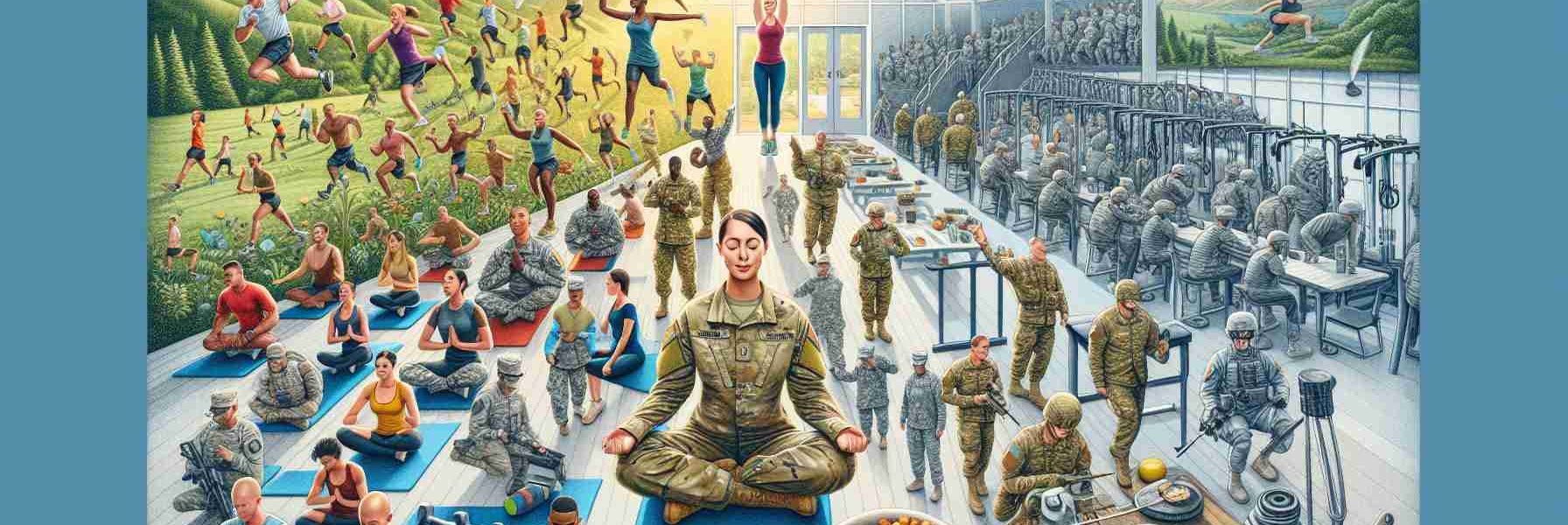 A detailed image showcasing the expansion of holistic health and fitness across the army. Display diverse soldiers of various genders and descents engaged in a range of activities, from mindfulness meditation and yoga to weight lifting and cardio exercises. Include visuals of wellness programs, balanced and nutrition-rich meals, and mental health resources. Highlight the expansive, well-equipped fitness facilities, and also depict outdoor exercises demonstrating the use of natural environment for training. Ensure the image represents unity, strength, and commitment to health and wellness in the army.