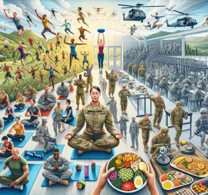 A detailed image showcasing the expansion of holistic health and fitness across the army. Display diverse soldiers of various genders and descents engaged in a range of activities, from mindfulness meditation and yoga to weight lifting and cardio exercises. Include visuals of wellness programs, balanced and nutrition-rich meals, and mental health resources. Highlight the expansive, well-equipped fitness facilities, and also depict outdoor exercises demonstrating the use of natural environment for training. Ensure the image represents unity, strength, and commitment to health and wellness in the army.