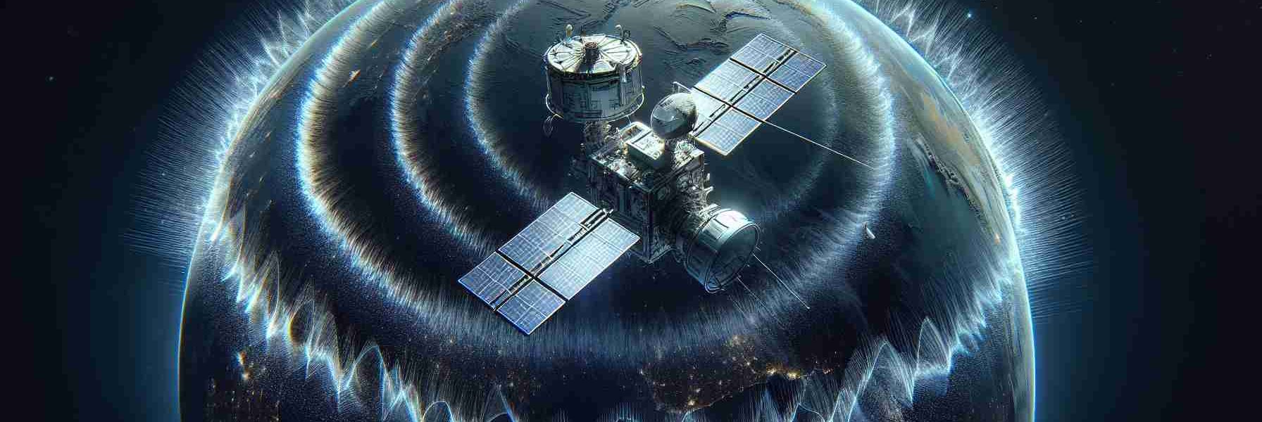 Realistic, high-definition rendering of a communication satellite in space, noticeably experiencing a significant service disruption. This could be represented by signals or waves being interfered or distorted, indicating a break in communication or distribution of data.