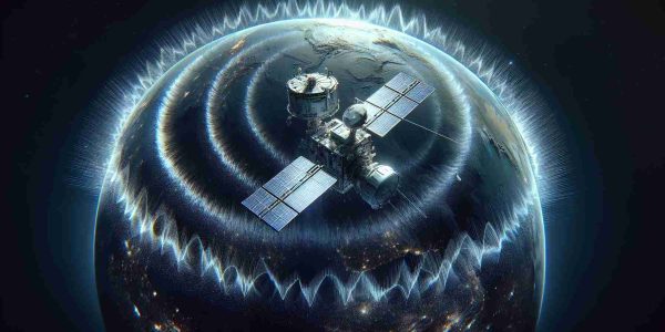 Realistic, high-definition rendering of a communication satellite in space, noticeably experiencing a significant service disruption. This could be represented by signals or waves being interfered or distorted, indicating a break in communication or distribution of data.