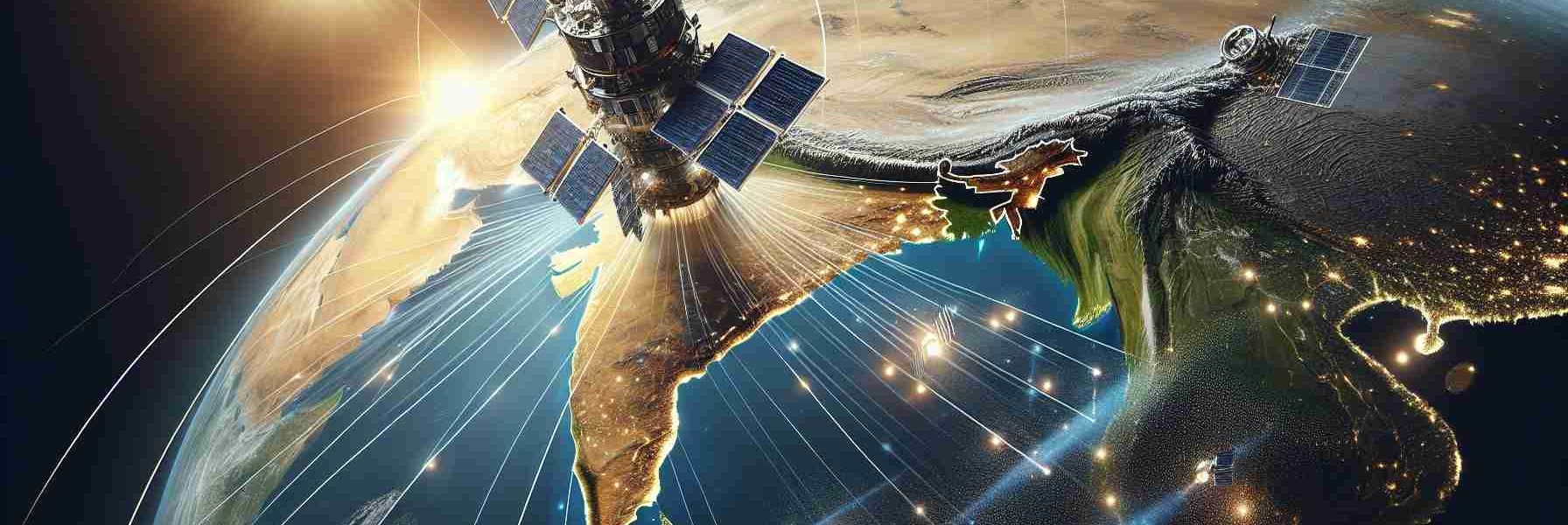 A detailed and realistic HD image of a futuristic vision for satellite technology in India, showcasing an array of advanced satellites orbiting the Earth, with technological enhancements, broadband capabilities, and solar arrays. Highlight the forward-thinking nature of this concept with beams of data transmission between satellites and to the ground, signifying the promise of high-speed internet connectivity across the diverse landscapes of India. The scene unfolds from a perspective in outer space where India is prominently visible, illuminated by sunlight.