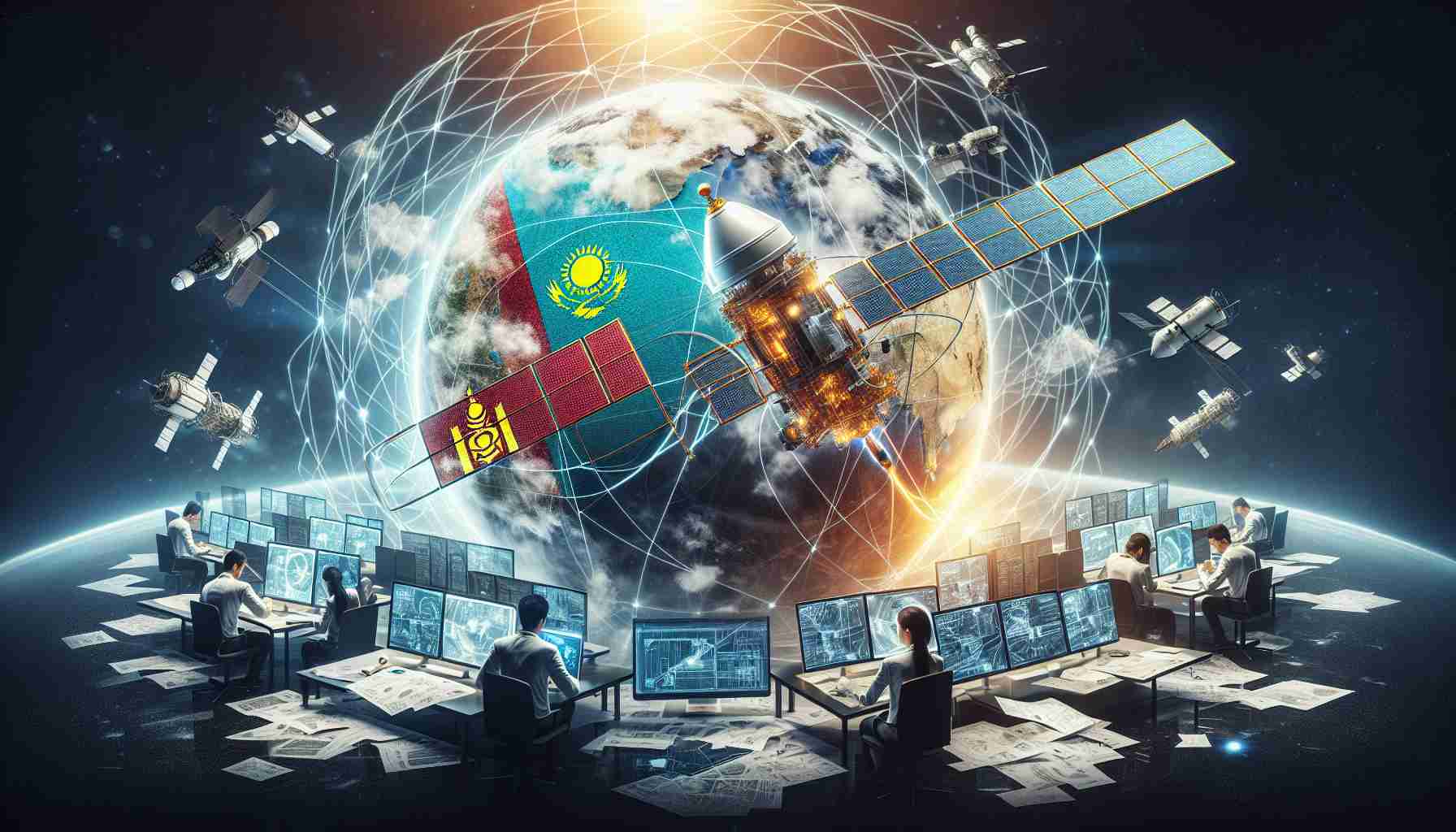 A highly detailed and realistic image showcasing the collaboration between Kazakhstan and Mongolia on satellite technology. The image could illustrate both nations represented in a world map, with symbolic lines or beams connecting them. Within the theme of satellite technology, also depict an innovative satellite hovering above earth, a group of diligent engineers of varying descents and genders puzzling over blueprints, and high-end computer equipment streaming satellite data. Ensure the imagery remains HD and abundantly detailed, giving the impression of a significant international endeavor in the field of space technology.