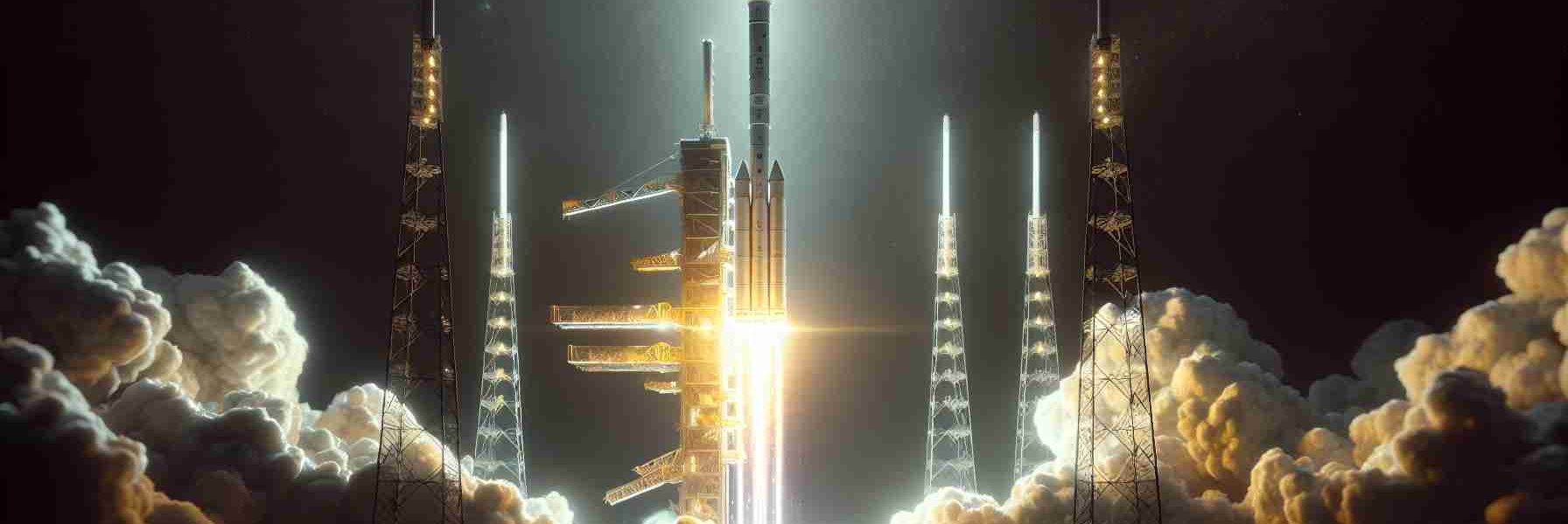 A realistic, high-definition image representing the launching of a new batch of satellites, presumably owned by China. The scene unfolds at night, with the illuminated rocket ascending towards the clear, star-studded sky. Smoke and flames erupt from underneath the rocket, creating bright streaks of light against the darkness. The new batch of satellites, securely housed in the payload compartment, gleams under the rocket's artificial light. In the backdrop, the silhouette of the launch pad and some technical buildings become a stark contrast to the spectacular light show of the launch.