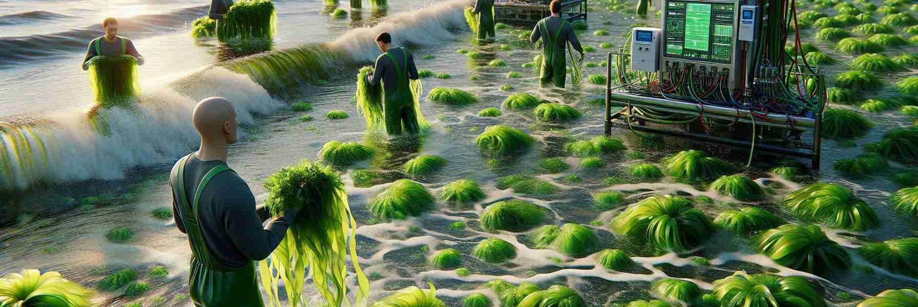 An ultra high-definition, photorealistic image depicting the process of harnessing energy from seaweed. The scene takes place on a seashore, with waves lapping against the shore in the foreground. Green, lush seaweed can be seen drifting and bobbing in the water. In the background, a group of industrious figures can be seen, representing engineers or scientists, wading in the water and collecting the seaweed. Among them, a Caucasian man is holding up a handful of seaweed, examining it with keen interest. Their weather-resistant, green field equipment stands nearby, machines and devices humming and blinking, symbolizing the next revolution in green energy.