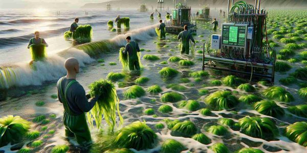 An ultra high-definition, photorealistic image depicting the process of harnessing energy from seaweed. The scene takes place on a seashore, with waves lapping against the shore in the foreground. Green, lush seaweed can be seen drifting and bobbing in the water. In the background, a group of industrious figures can be seen, representing engineers or scientists, wading in the water and collecting the seaweed. Among them, a Caucasian man is holding up a handful of seaweed, examining it with keen interest. Their weather-resistant, green field equipment stands nearby, machines and devices humming and blinking, symbolizing the next revolution in green energy.