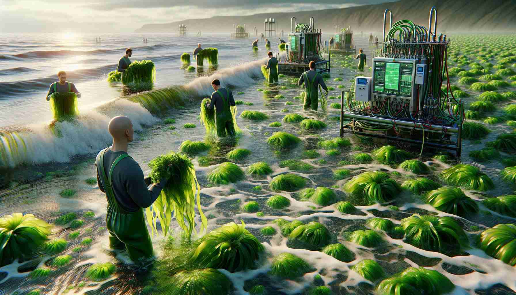 An ultra high-definition, photorealistic image depicting the process of harnessing energy from seaweed. The scene takes place on a seashore, with waves lapping against the shore in the foreground. Green, lush seaweed can be seen drifting and bobbing in the water. In the background, a group of industrious figures can be seen, representing engineers or scientists, wading in the water and collecting the seaweed. Among them, a Caucasian man is holding up a handful of seaweed, examining it with keen interest. Their weather-resistant, green field equipment stands nearby, machines and devices humming and blinking, symbolizing the next revolution in green energy.