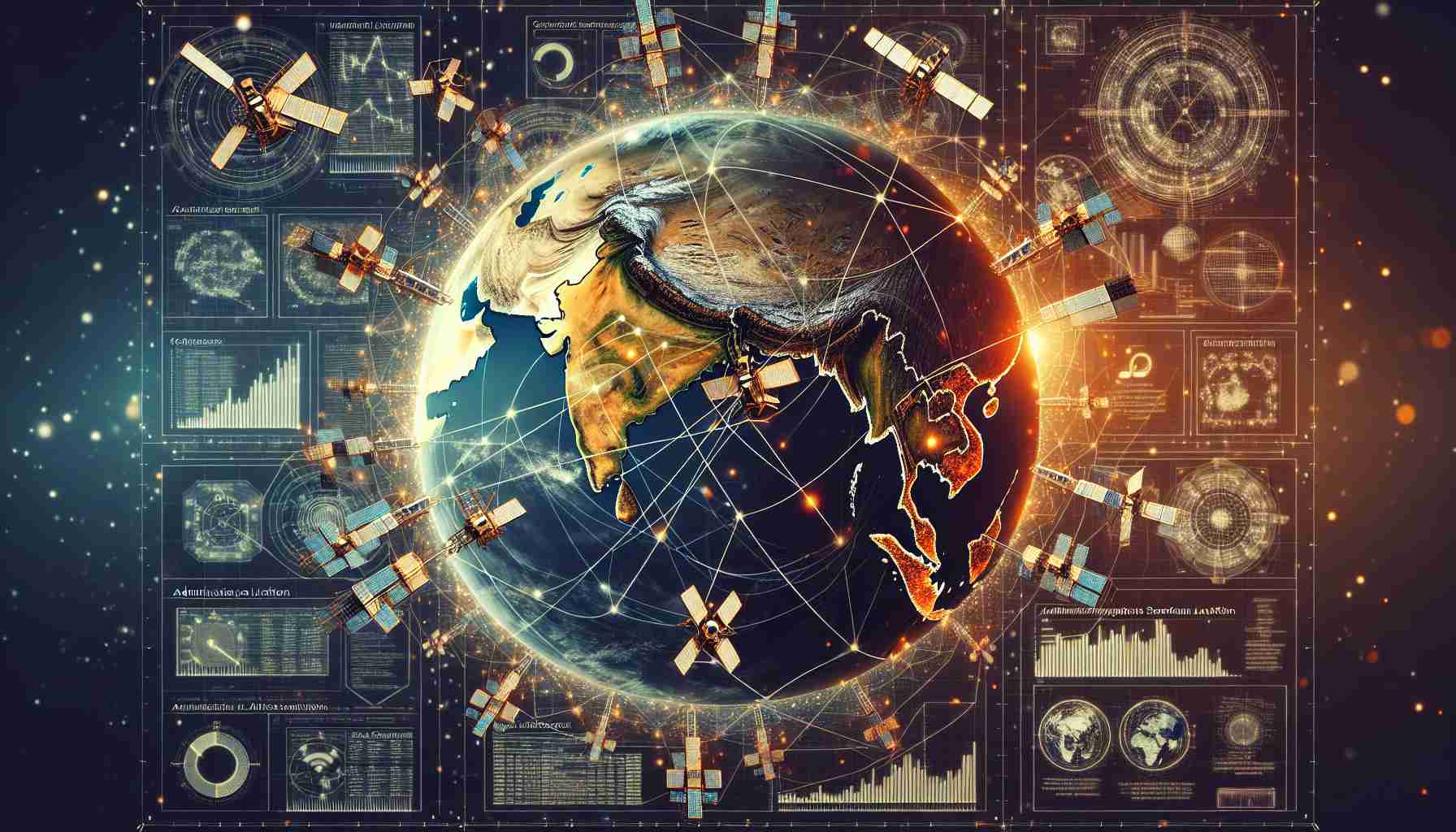 A detailed visual representation encapsulating the concept of India's transition to administrative spectrum allocation for satellite internet. Picture an intricate network of satellites orbiting Earth, visible lines connecting them to signify communication links. Emphasize India's geographic location with diagrams and symbols depicting administrative elements. Add aesthetic touches to this high-definition digital art to give a comprehensive feel of the subject.