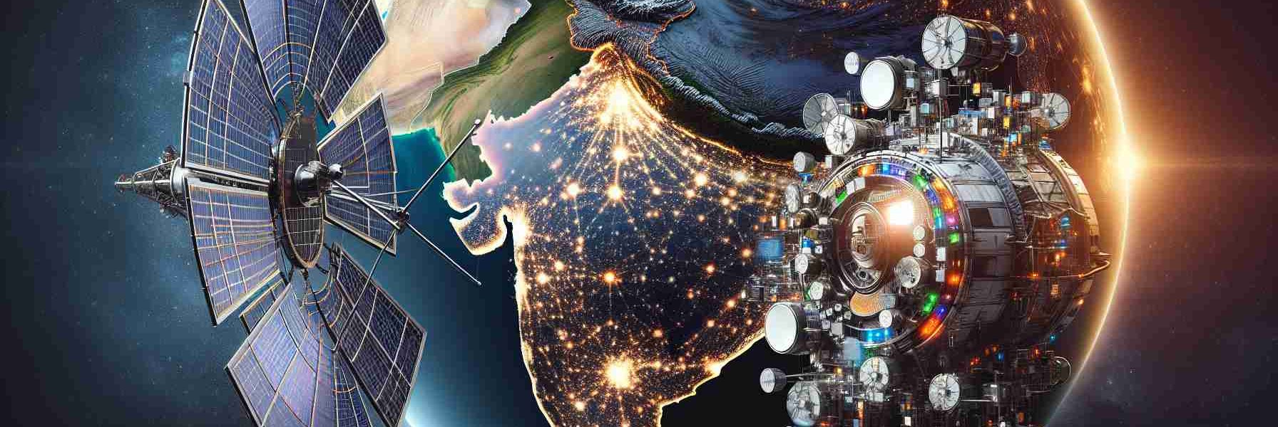 A detailed, high-definition illustration that replicates a realistic photo, showcasing satellite connectivity transformation in India. The scene contains a large, technologically advanced satellite situated in the foreground of the expansive cosmos. Closed-in, it's capturing signals from various corners of the world, with a distinct emphasis on India. Rendering the earth below, India is highlighted with noticeable bright connectivity spots, visualizing technologically enhanced regions. A tech-led revolution is visible beneath the vibrant colors of the evolving digital threshold.