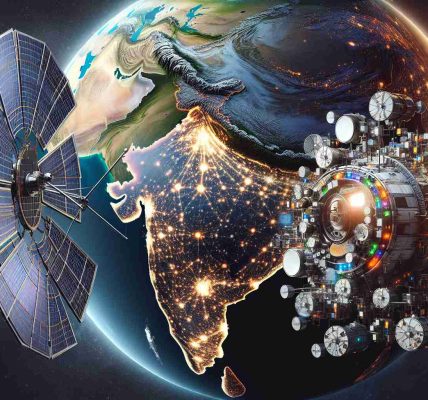 A detailed, high-definition illustration that replicates a realistic photo, showcasing satellite connectivity transformation in India. The scene contains a large, technologically advanced satellite situated in the foreground of the expansive cosmos. Closed-in, it's capturing signals from various corners of the world, with a distinct emphasis on India. Rendering the earth below, India is highlighted with noticeable bright connectivity spots, visualizing technologically enhanced regions. A tech-led revolution is visible beneath the vibrant colors of the evolving digital threshold.