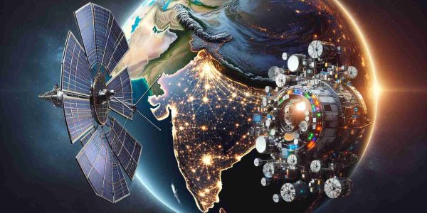 A detailed, high-definition illustration that replicates a realistic photo, showcasing satellite connectivity transformation in India. The scene contains a large, technologically advanced satellite situated in the foreground of the expansive cosmos. Closed-in, it's capturing signals from various corners of the world, with a distinct emphasis on India. Rendering the earth below, India is highlighted with noticeable bright connectivity spots, visualizing technologically enhanced regions. A tech-led revolution is visible beneath the vibrant colors of the evolving digital threshold.