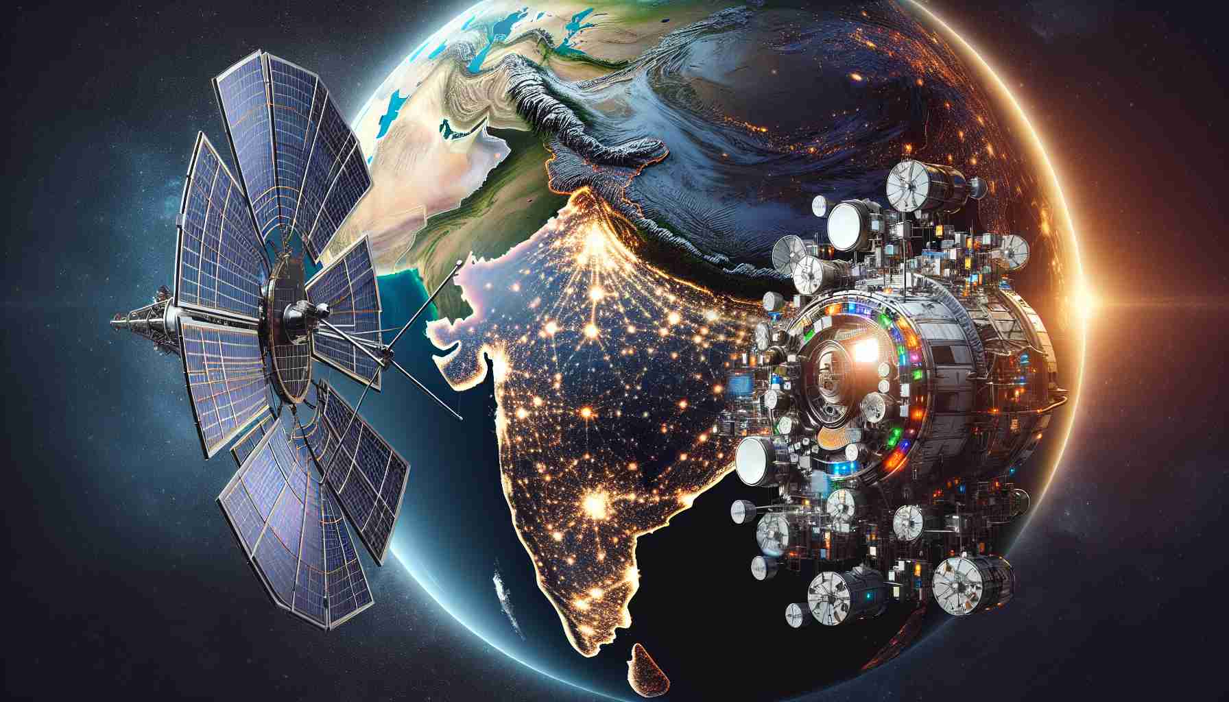 A detailed, high-definition illustration that replicates a realistic photo, showcasing satellite connectivity transformation in India. The scene contains a large, technologically advanced satellite situated in the foreground of the expansive cosmos. Closed-in, it's capturing signals from various corners of the world, with a distinct emphasis on India. Rendering the earth below, India is highlighted with noticeable bright connectivity spots, visualizing technologically enhanced regions. A tech-led revolution is visible beneath the vibrant colors of the evolving digital threshold.