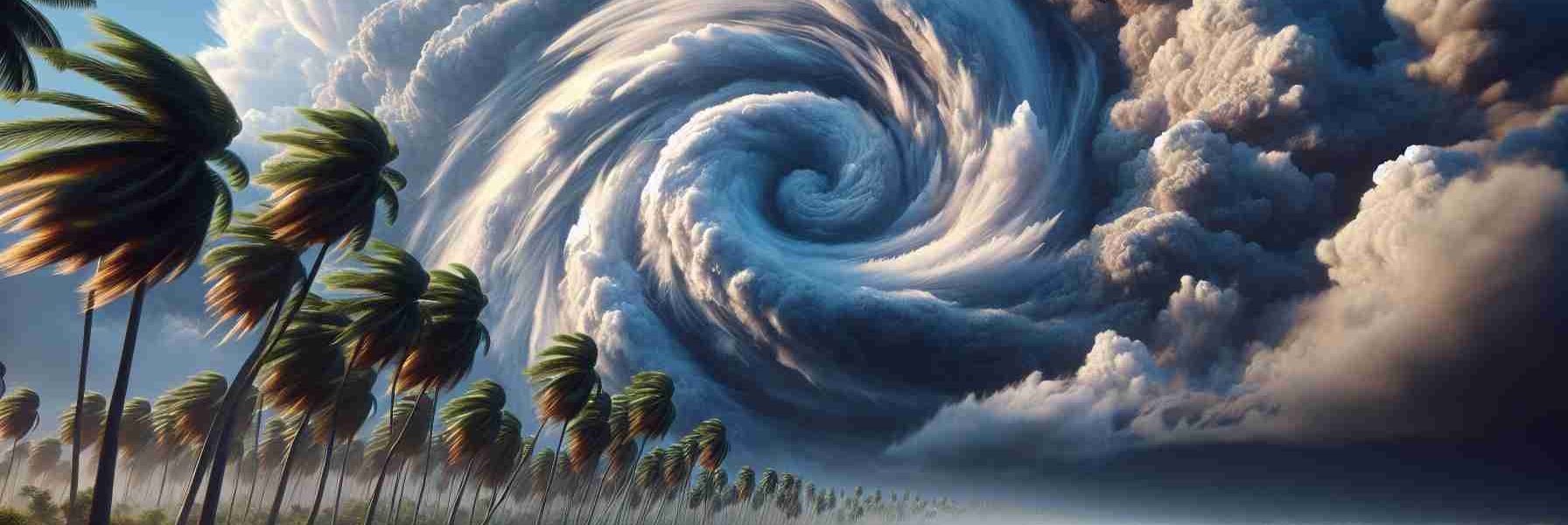 Generate a high-definition, realistic image of a tropical storm named Nadine approaching the coastlines of the Caribbean. The scene should illustrate the storm's intensity with swirling masses of clouds, turbulent ocean waves, and perhaps the first gusts of wind reaching the palm trees along the shore.