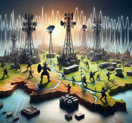 A realistic, high definition depiction of the struggle for dominance in the telecommunications industry in India, symbolized by a fierce metaphorical battle. Picture a battleground with various pieces of telecom equipment like transmission towers, satellites and spectrums as warriors. The ground itself is a giant map of India, and the sector allocation and coverage areas are marked out. High frequency waves can be seen in the air, resonating from the battleground, indicating the distribution of spectrum frequencies. This intense scene reflects the competitiveness and intense planning in telecommunications.