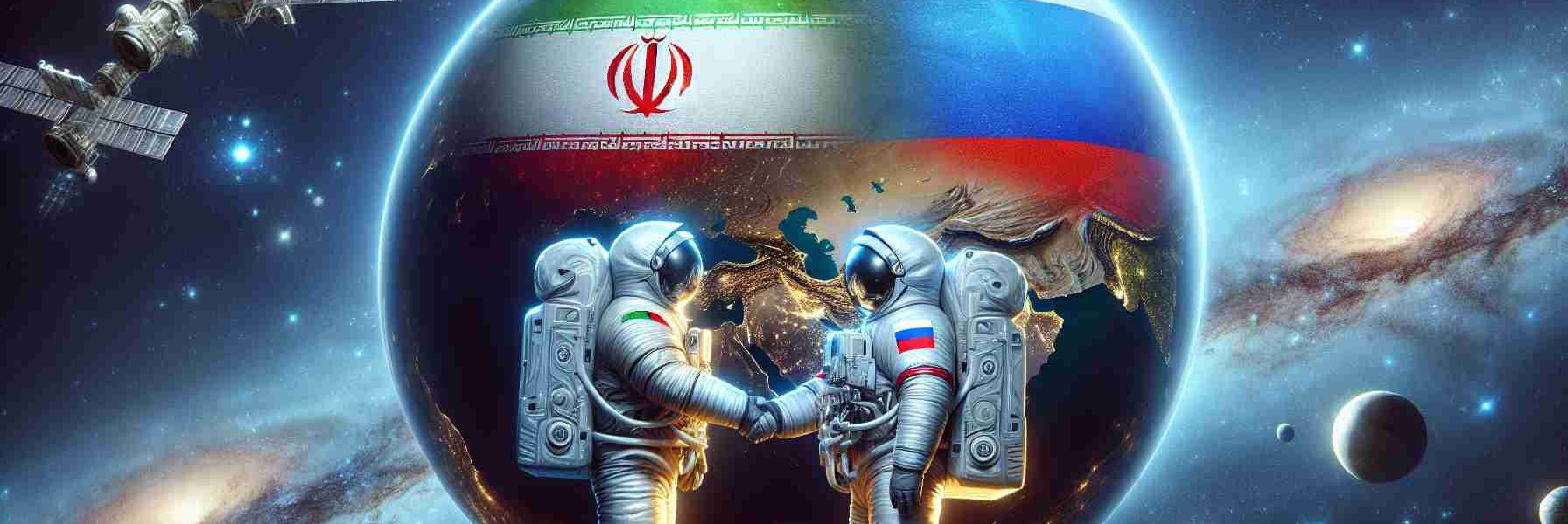 High-definition, realistic image of a symbolic representation of Iran and Russia strengthening their collaboration in space exploration. The image can depict a large globe showing both countries highlighted, with two astronauts, one Iranian and one Russian, shaking hands in space suits against the backdrop of outer space, stars, and distant galaxies.