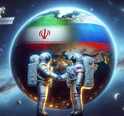 High-definition, realistic image of a symbolic representation of Iran and Russia strengthening their collaboration in space exploration. The image can depict a large globe showing both countries highlighted, with two astronauts, one Iranian and one Russian, shaking hands in space suits against the backdrop of outer space, stars, and distant galaxies.