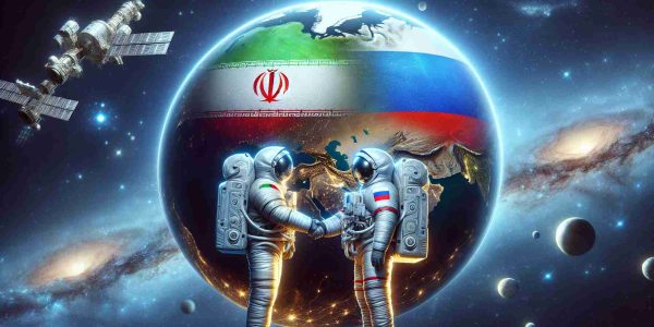 High-definition, realistic image of a symbolic representation of Iran and Russia strengthening their collaboration in space exploration. The image can depict a large globe showing both countries highlighted, with two astronauts, one Iranian and one Russian, shaking hands in space suits against the backdrop of outer space, stars, and distant galaxies.