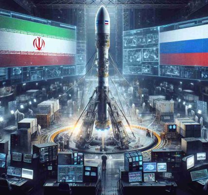 High-definition, photographic image of a symbolic representation for a collaboration between two countries, one with an Iranian flag and the other with a Russian flag. The main scenario is an operational satellite launch pad, with a detailed satellite prepared for deployment and a background filled with related technological components - monitors showing data feeds, technicians checking equipment and performing last-minute checks. The environment is filled with anticipation, capturing the moment before a critical satellite launch.