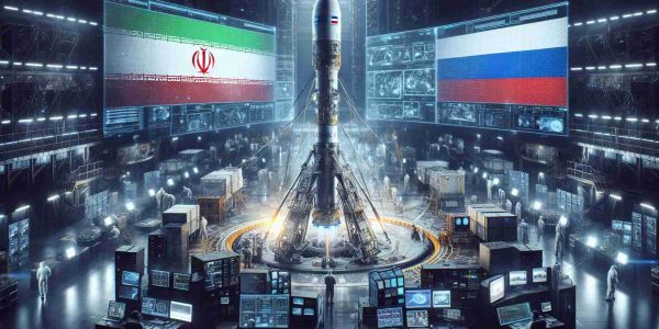 High-definition, photographic image of a symbolic representation for a collaboration between two countries, one with an Iranian flag and the other with a Russian flag. The main scenario is an operational satellite launch pad, with a detailed satellite prepared for deployment and a background filled with related technological components - monitors showing data feeds, technicians checking equipment and performing last-minute checks. The environment is filled with anticipation, capturing the moment before a critical satellite launch.