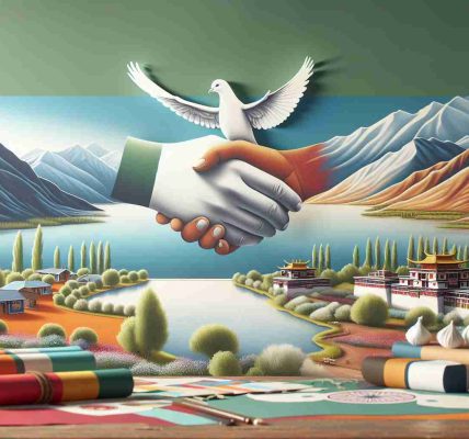 A realistic, high-definition image that symbolizes the easing of tensions in the Eastern Ladakh region. This could be represented by a peaceful landscape drawing on local scenery such as the picturesque mountains, serene lakes, or calming green spaces. It could also include symbols of peace such as white doves, olive branches, or hands shaking to represent reconciliation. To emphasize the location, traditional Ladakhi architecture or Buddhist monastic structures could be incorporated. The colours used could include soft hues and peaceful blues and greens to further symbolize tranquility and harmony.