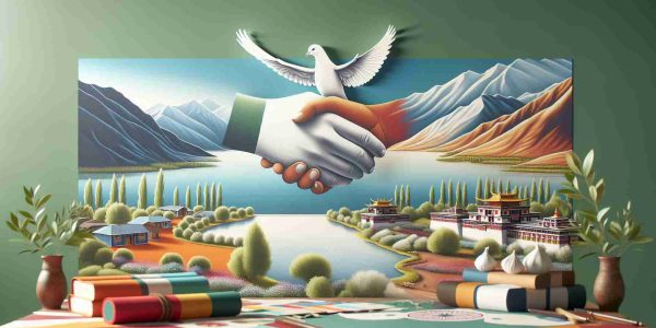 A realistic, high-definition image that symbolizes the easing of tensions in the Eastern Ladakh region. This could be represented by a peaceful landscape drawing on local scenery such as the picturesque mountains, serene lakes, or calming green spaces. It could also include symbols of peace such as white doves, olive branches, or hands shaking to represent reconciliation. To emphasize the location, traditional Ladakhi architecture or Buddhist monastic structures could be incorporated. The colours used could include soft hues and peaceful blues and greens to further symbolize tranquility and harmony.