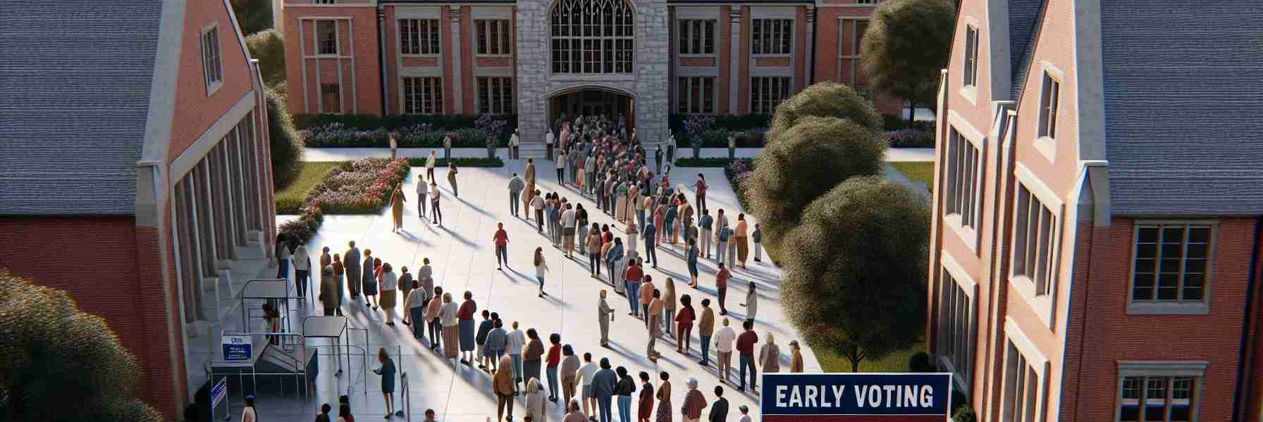 Detailed and realistic high-definition rendering of an early voting site being opened within the setting of a higher education institution, specifically attuned to the architectural and aesthetic details typical of Wartburg College. Numerous Bremer County residents of various descents and genders can be seen lining up, excited to participate in the voting process. The college buildings, the environment surrounding it, and the queue of diverse residents should be the key focus.