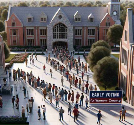 Detailed and realistic high-definition rendering of an early voting site being opened within the setting of a higher education institution, specifically attuned to the architectural and aesthetic details typical of Wartburg College. Numerous Bremer County residents of various descents and genders can be seen lining up, excited to participate in the voting process. The college buildings, the environment surrounding it, and the queue of diverse residents should be the key focus.