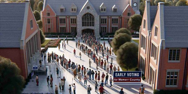 Detailed and realistic high-definition rendering of an early voting site being opened within the setting of a higher education institution, specifically attuned to the architectural and aesthetic details typical of Wartburg College. Numerous Bremer County residents of various descents and genders can be seen lining up, excited to participate in the voting process. The college buildings, the environment surrounding it, and the queue of diverse residents should be the key focus.