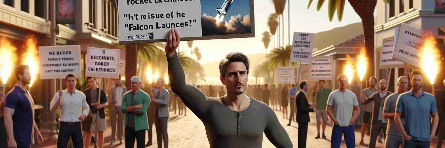 Realistic, high-definition image of an unnamed tech entrepreneur expressing discontent on a decision regarding rocket launches. He is depicted at a protest, demonstrating among others, and holding up a sign that addresses the issue of Falcon launches. The scene is set against a backdrop of California, including some hallmark features like palm trees and the golden sunset.