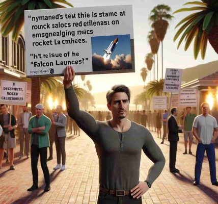 Realistic, high-definition image of an unnamed tech entrepreneur expressing discontent on a decision regarding rocket launches. He is depicted at a protest, demonstrating among others, and holding up a sign that addresses the issue of Falcon launches. The scene is set against a backdrop of California, including some hallmark features like palm trees and the golden sunset.