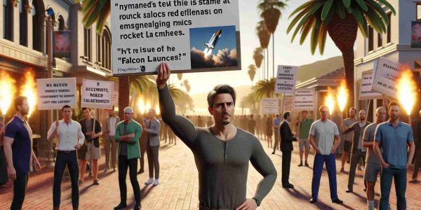 Realistic, high-definition image of an unnamed tech entrepreneur expressing discontent on a decision regarding rocket launches. He is depicted at a protest, demonstrating among others, and holding up a sign that addresses the issue of Falcon launches. The scene is set against a backdrop of California, including some hallmark features like palm trees and the golden sunset.